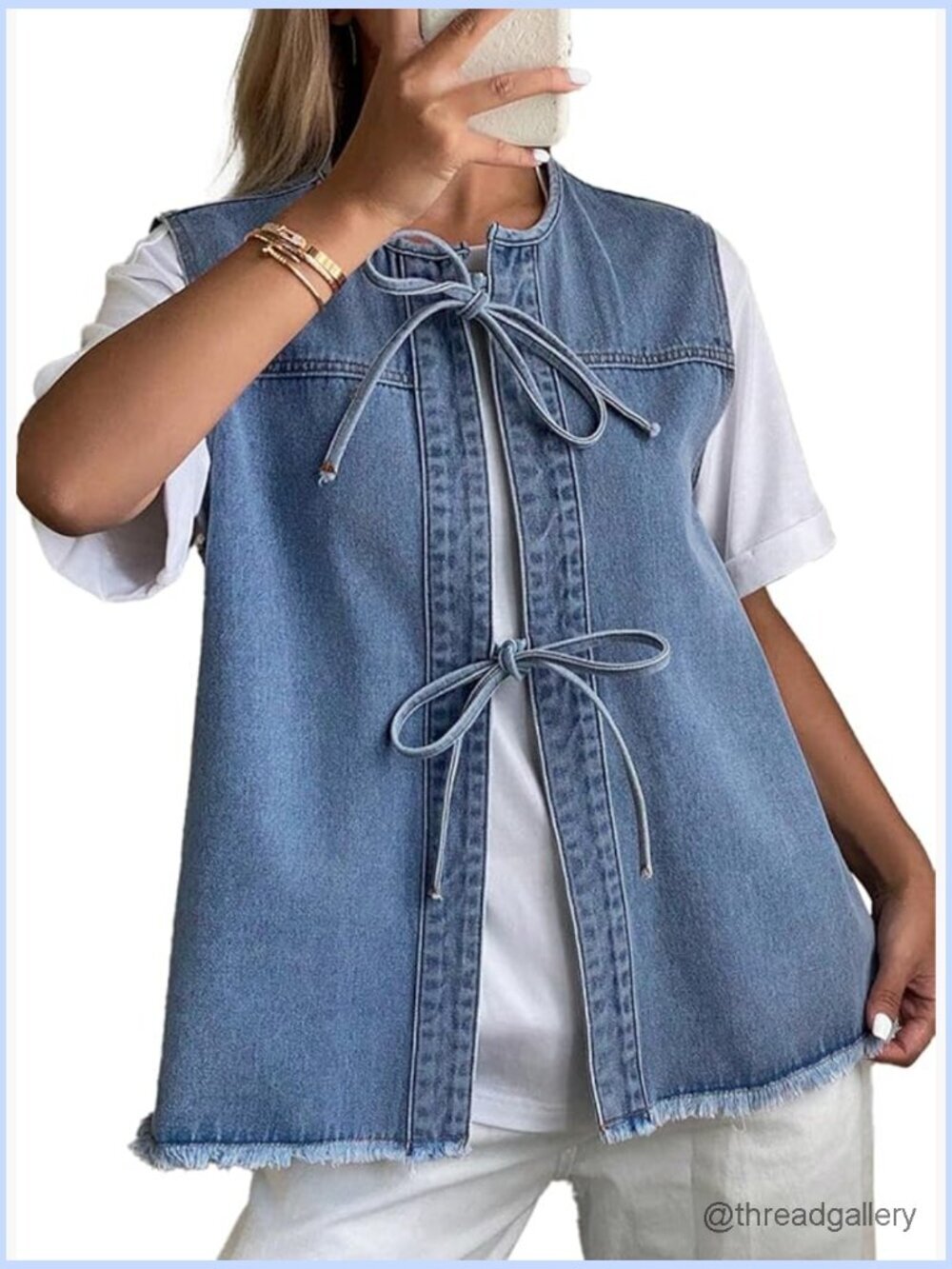 Distressed Denim Vest with Adjustable Bow Tie, Sleeveless, Henley Neck, Casual
